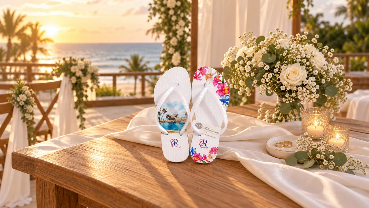 Chinelos Taty brancos com impressão digital floral e paisagem de praia centralizados em um cenário amplo de casamento
